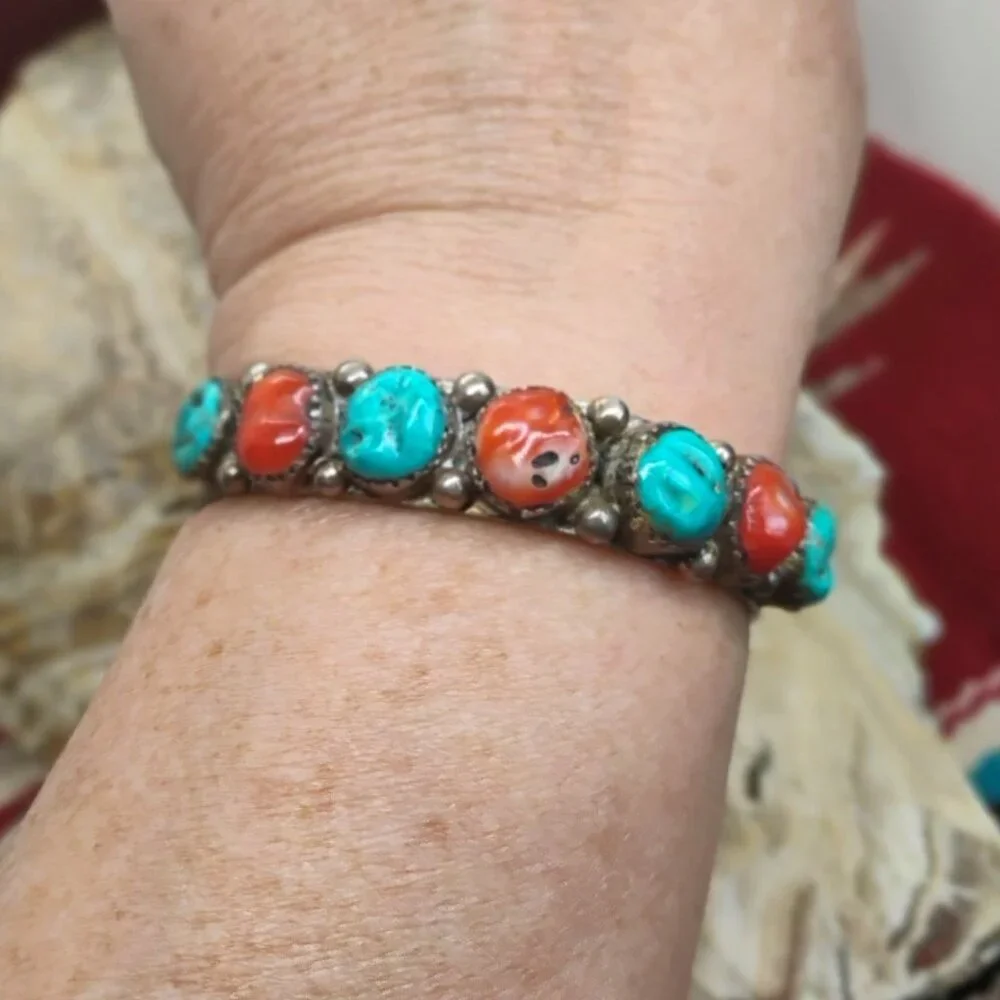 Vtg Navajo Old Pawn Sterling Silver Rough Stone Turquoise & Coral Cuff Bracelet - Picture 1 of 11